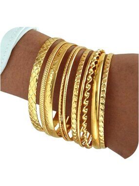 Women's Indian Bangles Set, Multi Layer Textured 14K Gold Plated Chunky Bracelet